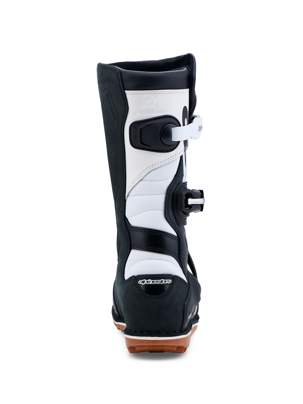 Alpinestars Tech-T stövlar, trialstövlar, svarta och vita, vy bakifrån, CE-certifierad läderkonstruktion med gummisula.