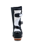 Alpinestars Tech-T stövlar, trialstövlar, svarta och vita, vy bakifrån, CE-certifierad läderkonstruktion med gummisula.