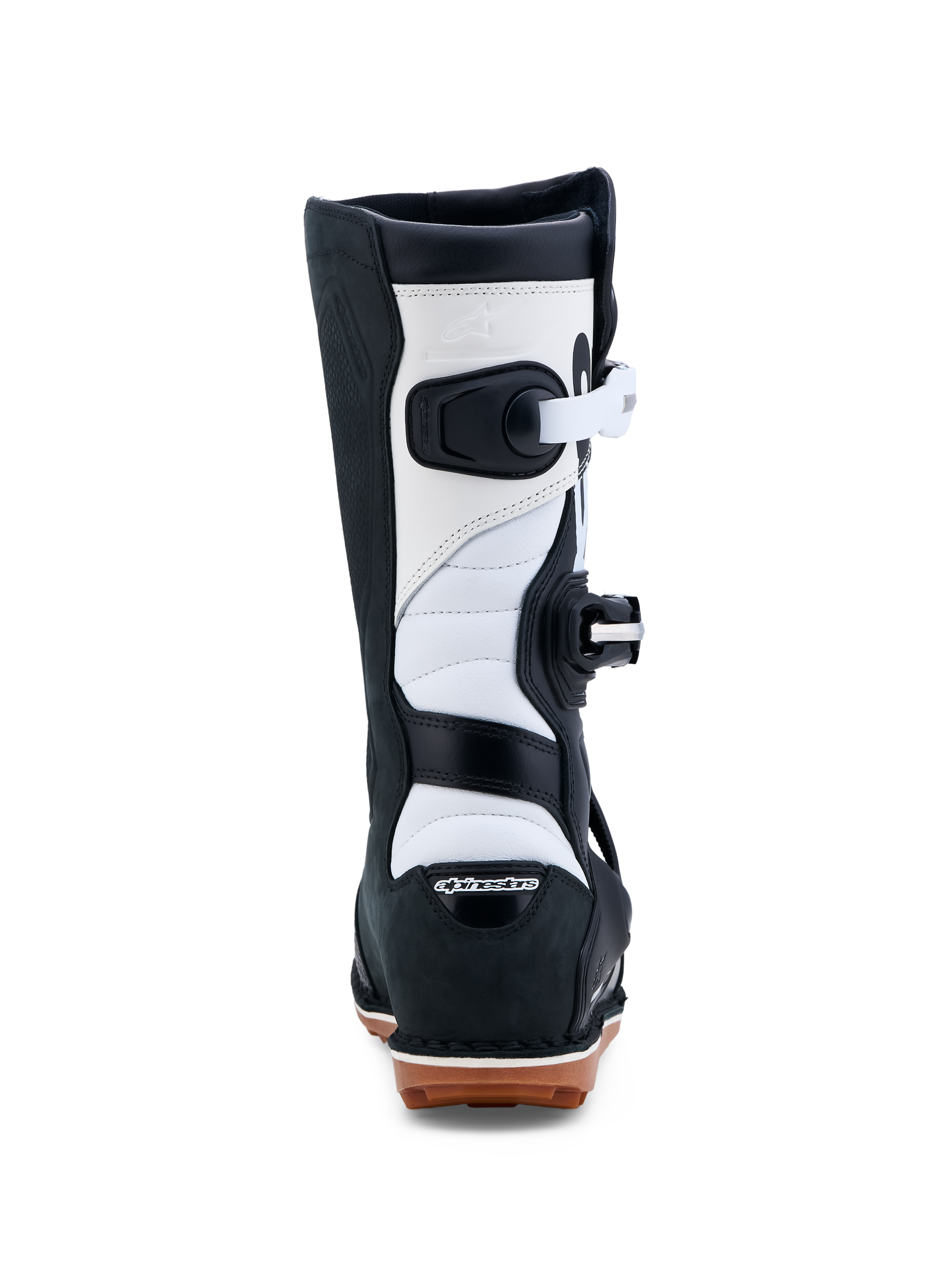 Alpinestars Tech-T stövlar, trialstövlar, svarta och vita, vy bakifrån, CE-certifierad läderkonstruktion med gummisula.
