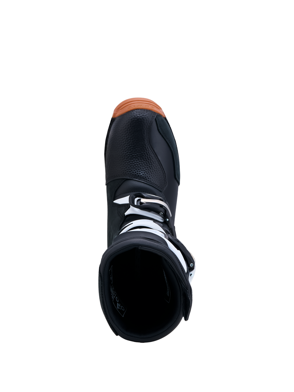 Alpinestars Tech-T stövlar, svarta och vita trialstövlar med gummisula, vy uppifrån som visar stövelns öppning och spännen.
