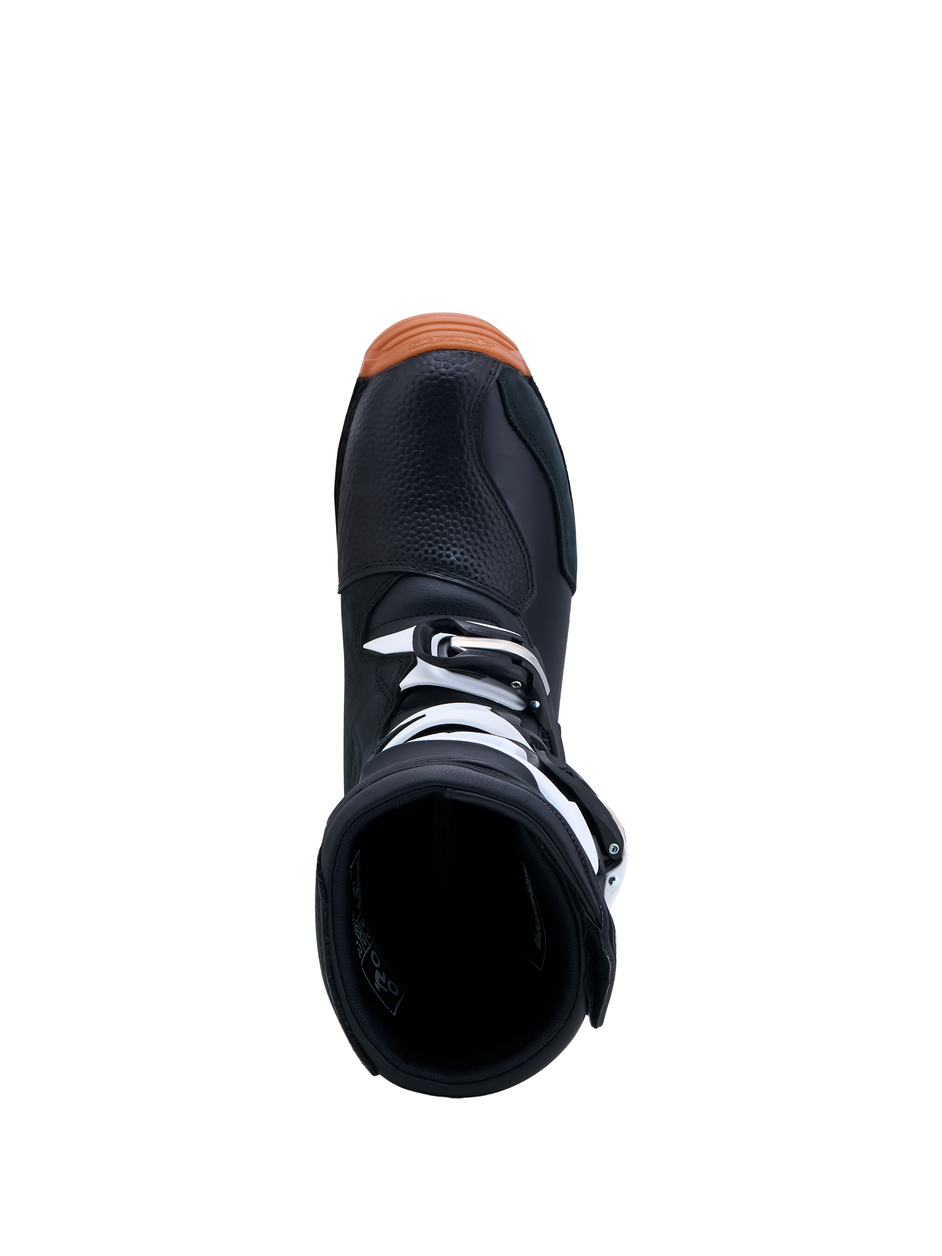 Alpinestars Tech-T stövlar, svarta och vita trialstövlar med gummisula, vy uppifrån som visar stövelns öppning och spännen.