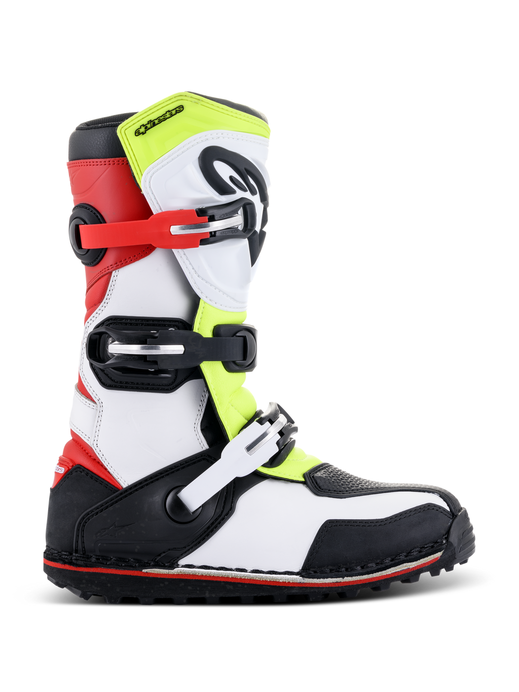 Alpinestars Tech-T Boots, Trials Motorcycle Boots, White Red Yellow Fluorescent and Black, featuring three adjustable buckle straps, ergonomic shinplate, rugged black sole with red accent, designed for off-road trials riding