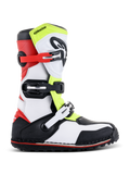 Alpinestars Tech-T Boots, Trials Motorcycle Boots, White Red Yellow Fluorescent and Black, featuring three adjustable buckle straps, ergonomic shinplate, rugged black sole with red accent, designed for off-road trials riding