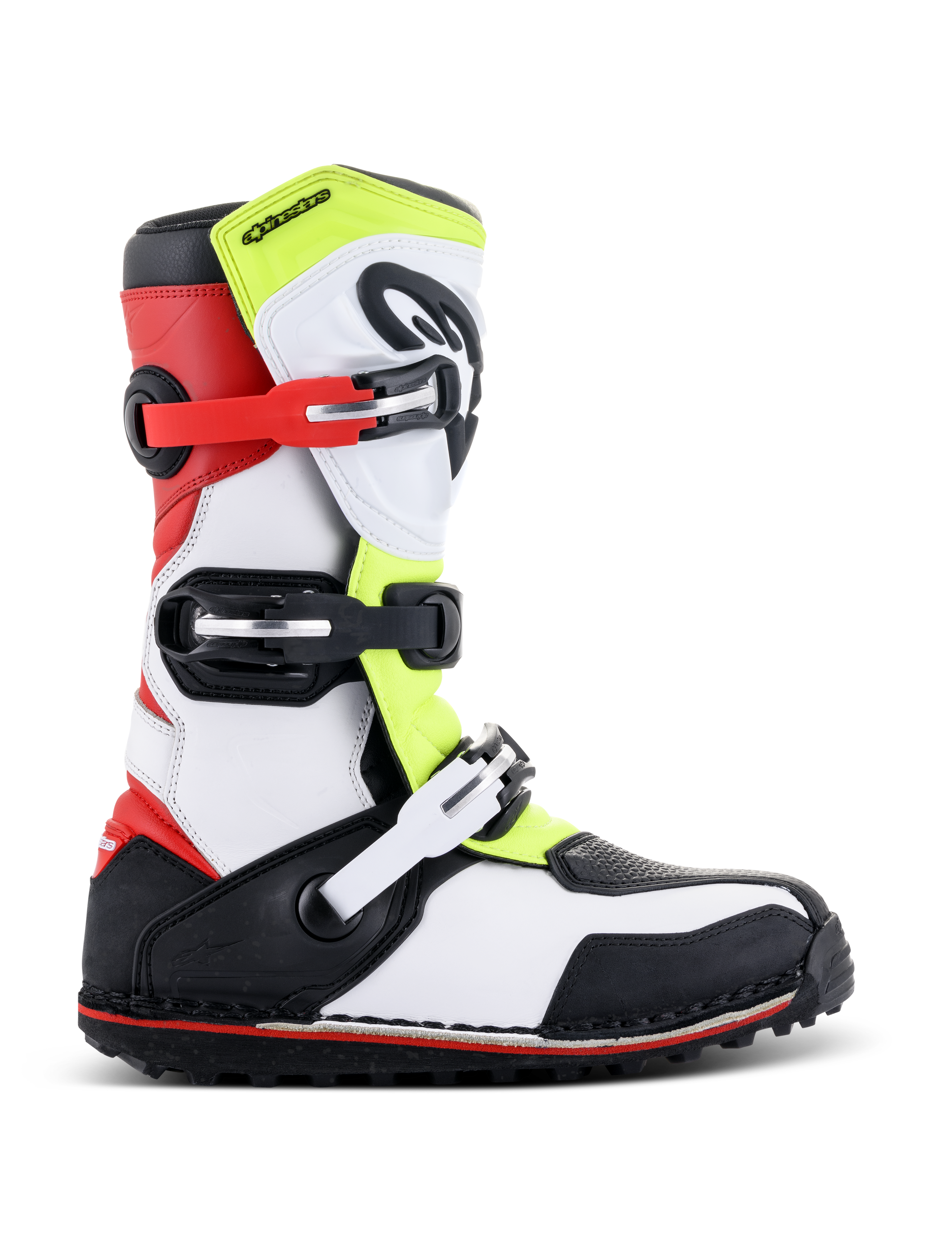 Alpinestars Tech-T Boots, Trials Motorcycle Boots, White Red Yellow Fluorescent and Black, featuring a protective shinplate, adjustable buckles in red and black, and a specialized sole for trials riding, side profile view
