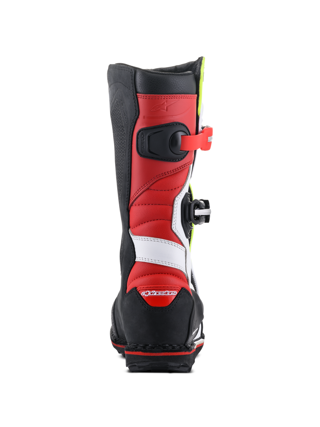 Alpinestars Tech-T Boots, Trials Motorcycle Boots, White Red Yellow Fluo and Black, rear view showing red leather construction with white accents, black heel protector with red logo, and a rugged black sole for off-road traction.