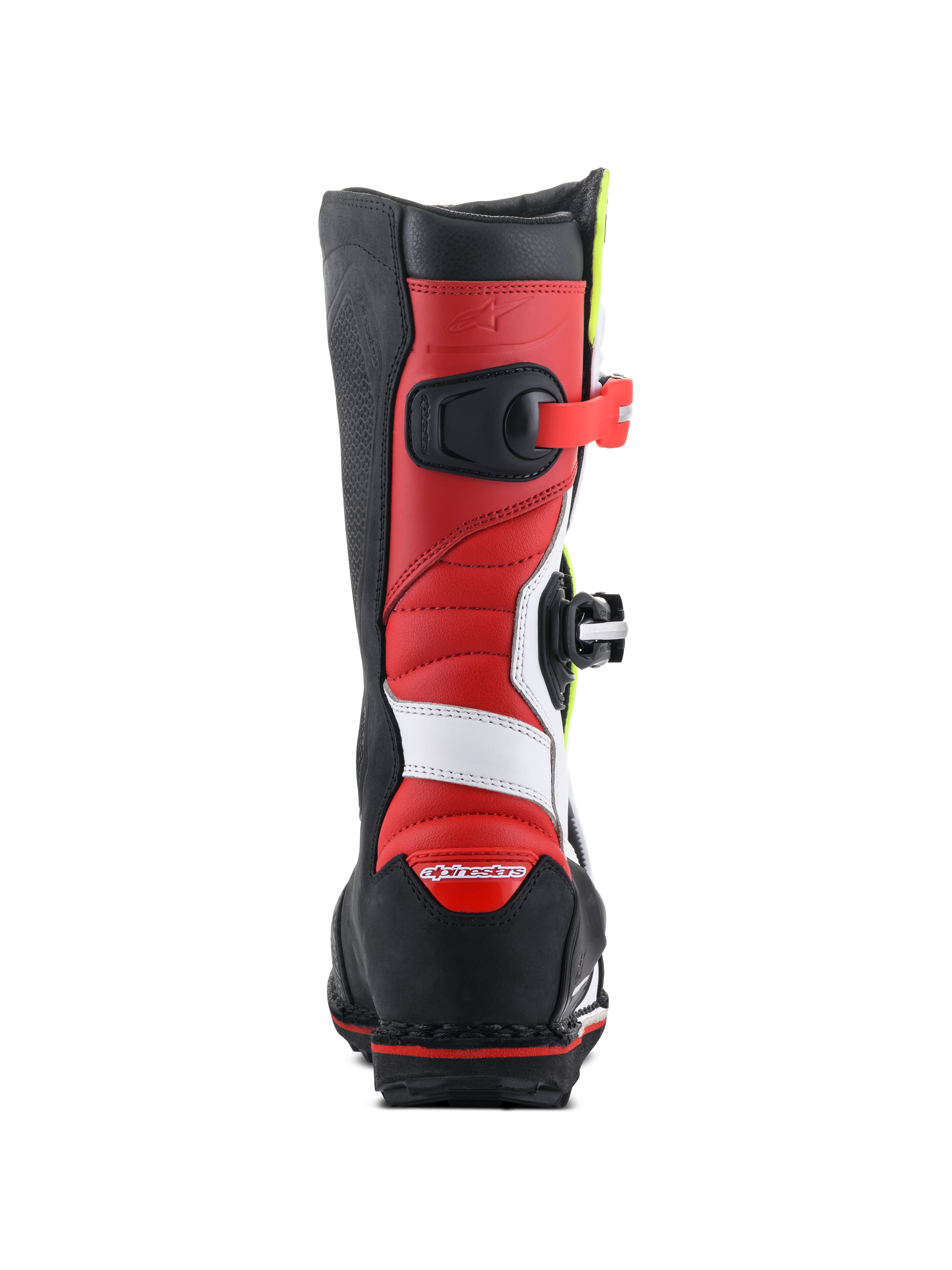 Alpinestars Tech-T Boots, Trials Motorcycle Boots, White Red Yellow Fluo and Black, rear view showing red leather construction with white accents, black heel protector with red logo, and a rugged black sole for off-road traction.