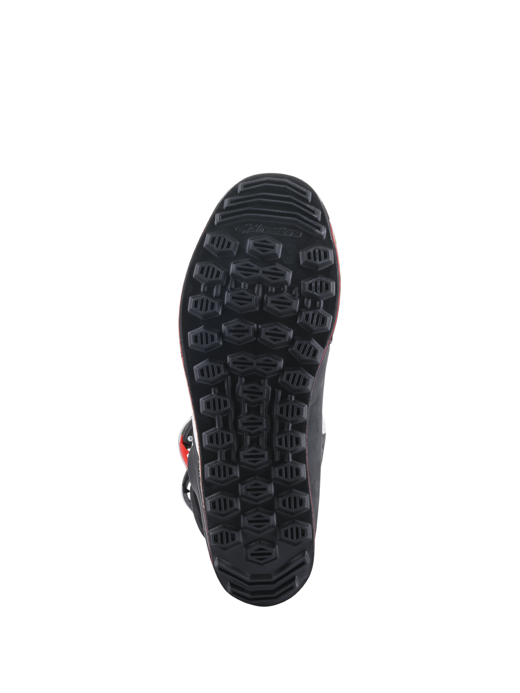 Alpinestars Tech-T Boots, sole view, black rubber outsole with textured hexagonal grip pattern, engineered for trials riding sensitivity and footpeg control.