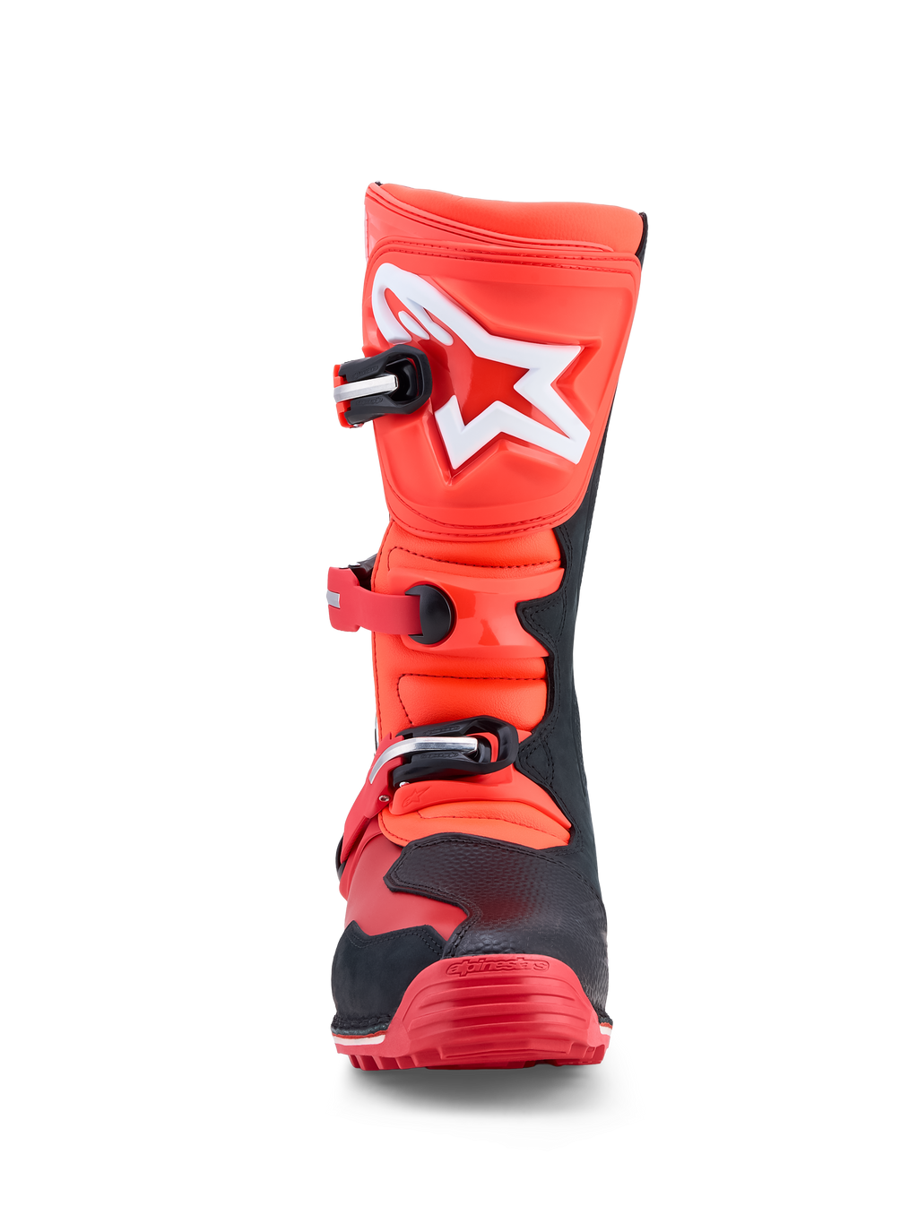 Alpinestars Tech-T stövlar, trialstövlar i röd fluo och svart läder med vit Astars-logotyp, TPU-skenbensplatta, tre spännen och greppsäker gummisula för terrängkörning