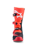 Alpinestars Tech-T stövlar, trialstövlar i röd fluo och svart läder med vit Astars-logotyp, TPU-skenbensplatta, tre spännen och greppsäker gummisula för terrängkörning
