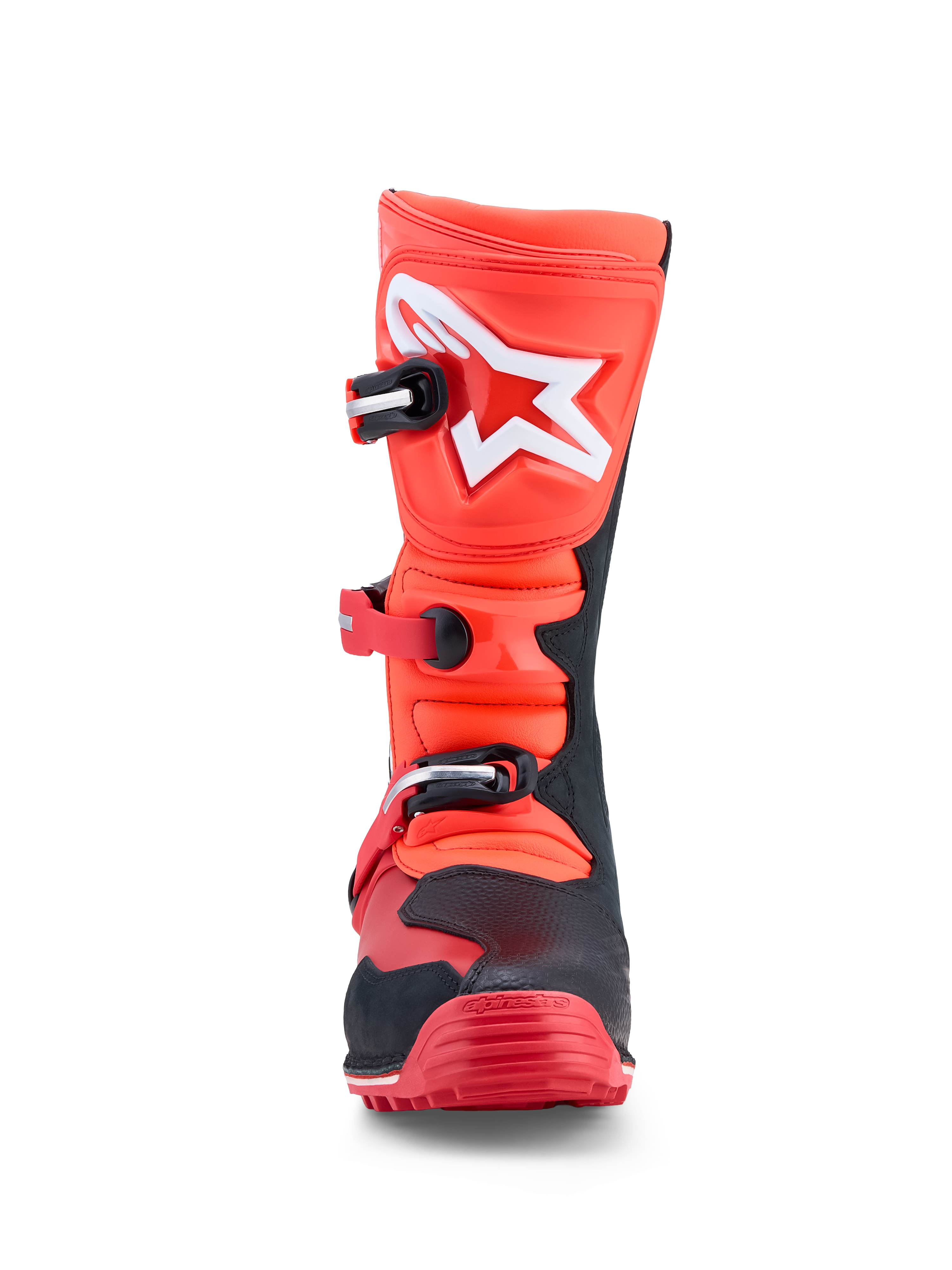 Alpinestars Tech-T stövlar, trialstövlar i röd fluo och svart läder med vit Astars-logotyp, TPU-skenbensplatta, tre spännen och greppsäker gummisula för terrängkörning
