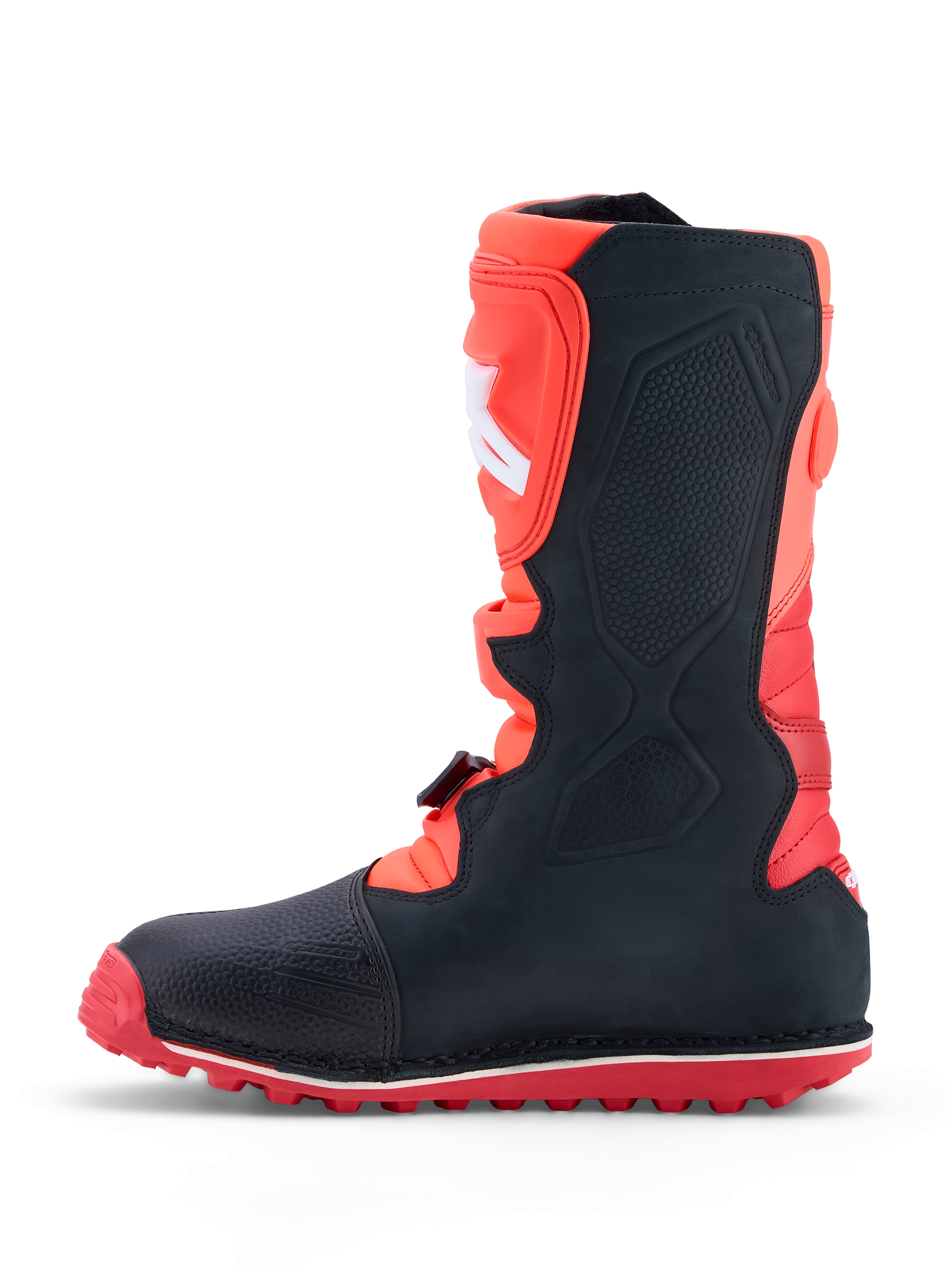 Alpinestars Tech-T stövlar, trialstövlar för herr, röda och svarta, läderkonstruktion med gummisula med högt grepp.