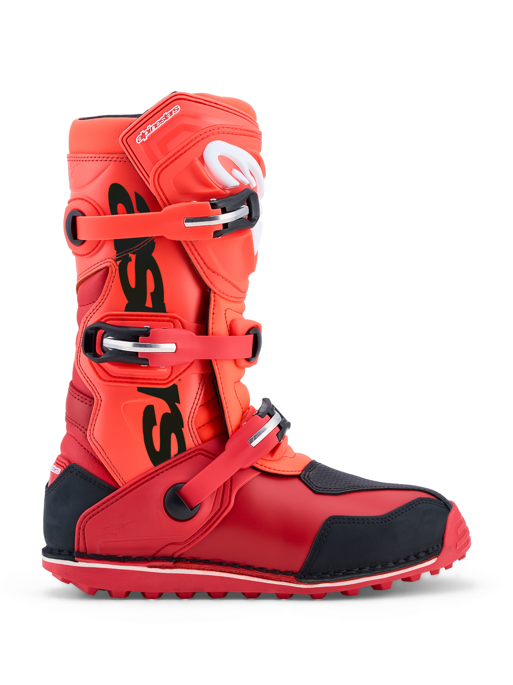 Alpinestars Tech-T trialstövlar, motorcykelstövlar i röd fluo och svart med tre spännen och TPU-skydd.