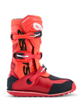 Alpinestars Tech-T trialstövlar, motorcykelstövlar i röd fluo och svart med tre spännen och TPU-skydd.