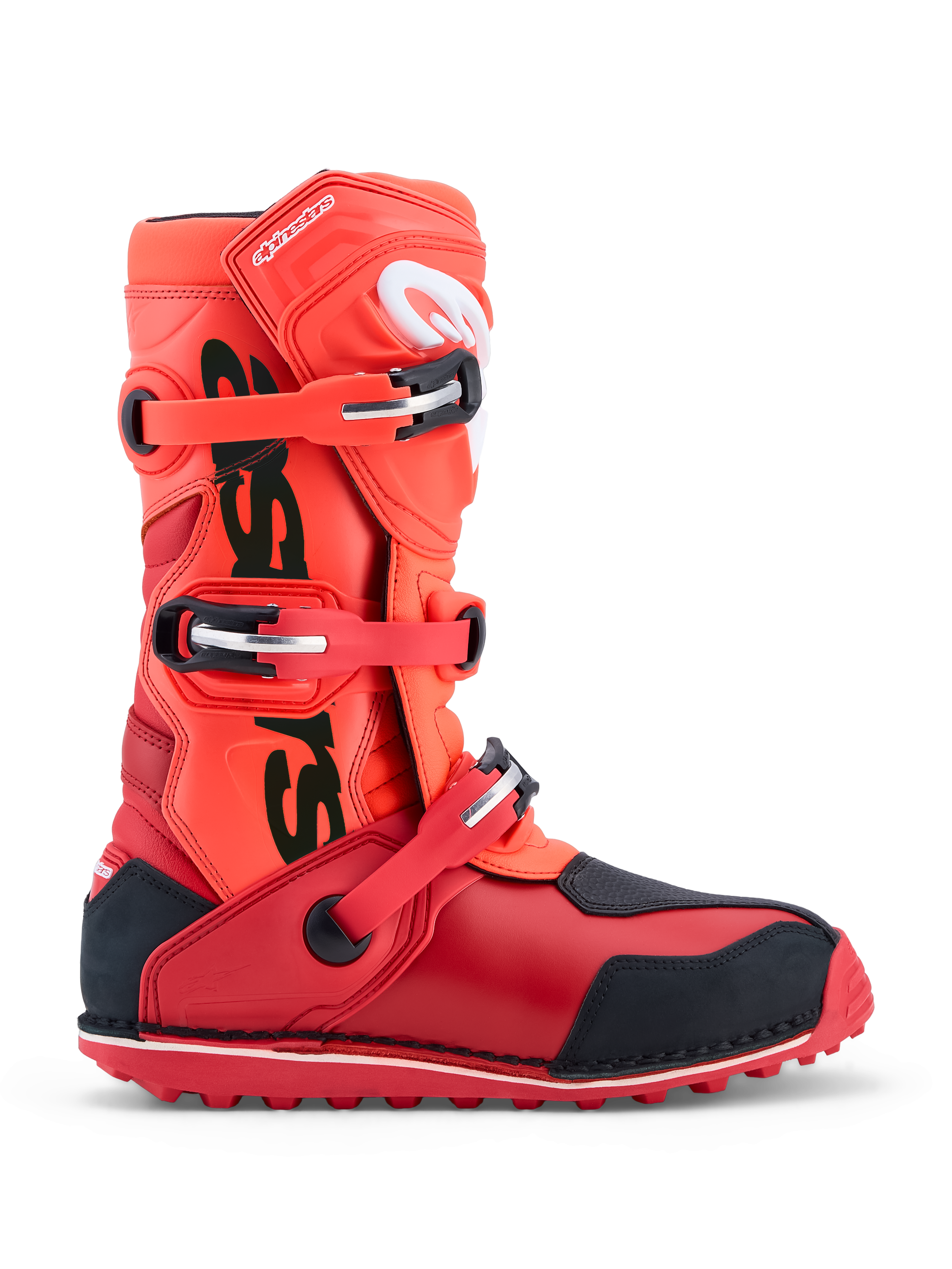 Alpinestars Tech-T trialstövlar, motorcykelstövlar i röd fluo och svart med tre spännen och TPU-skydd.
