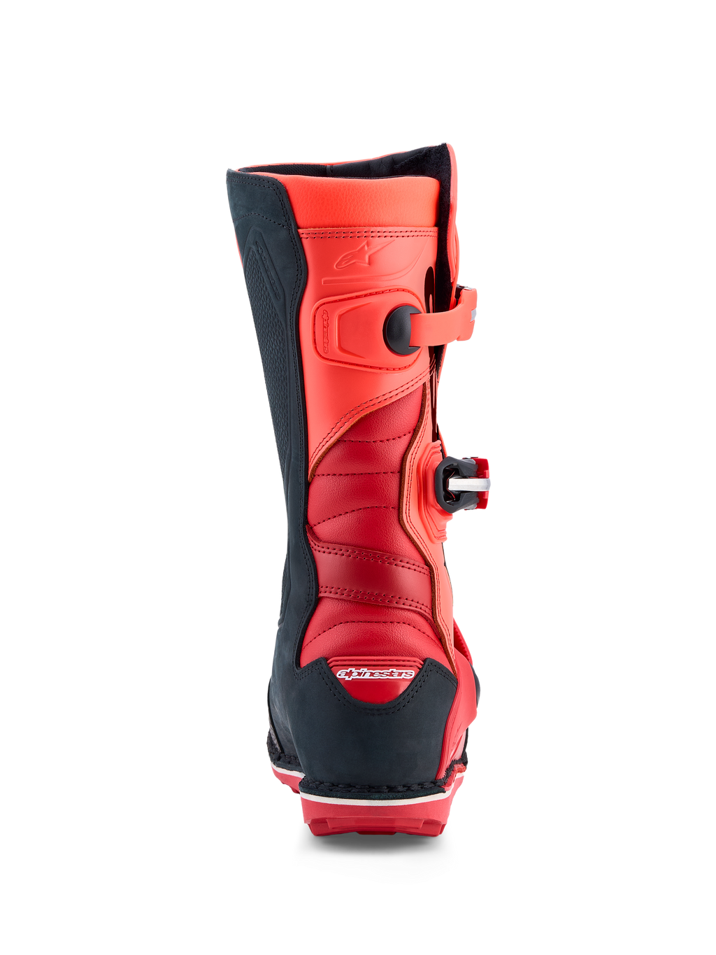 Alpinestars Tech-T stövlar, trialstövlar i röd fluo och svart läder, vy bakifrån med bakre dragspelszoner och CE-certifierat skydd för optimal flexibilitet och säkerhet.