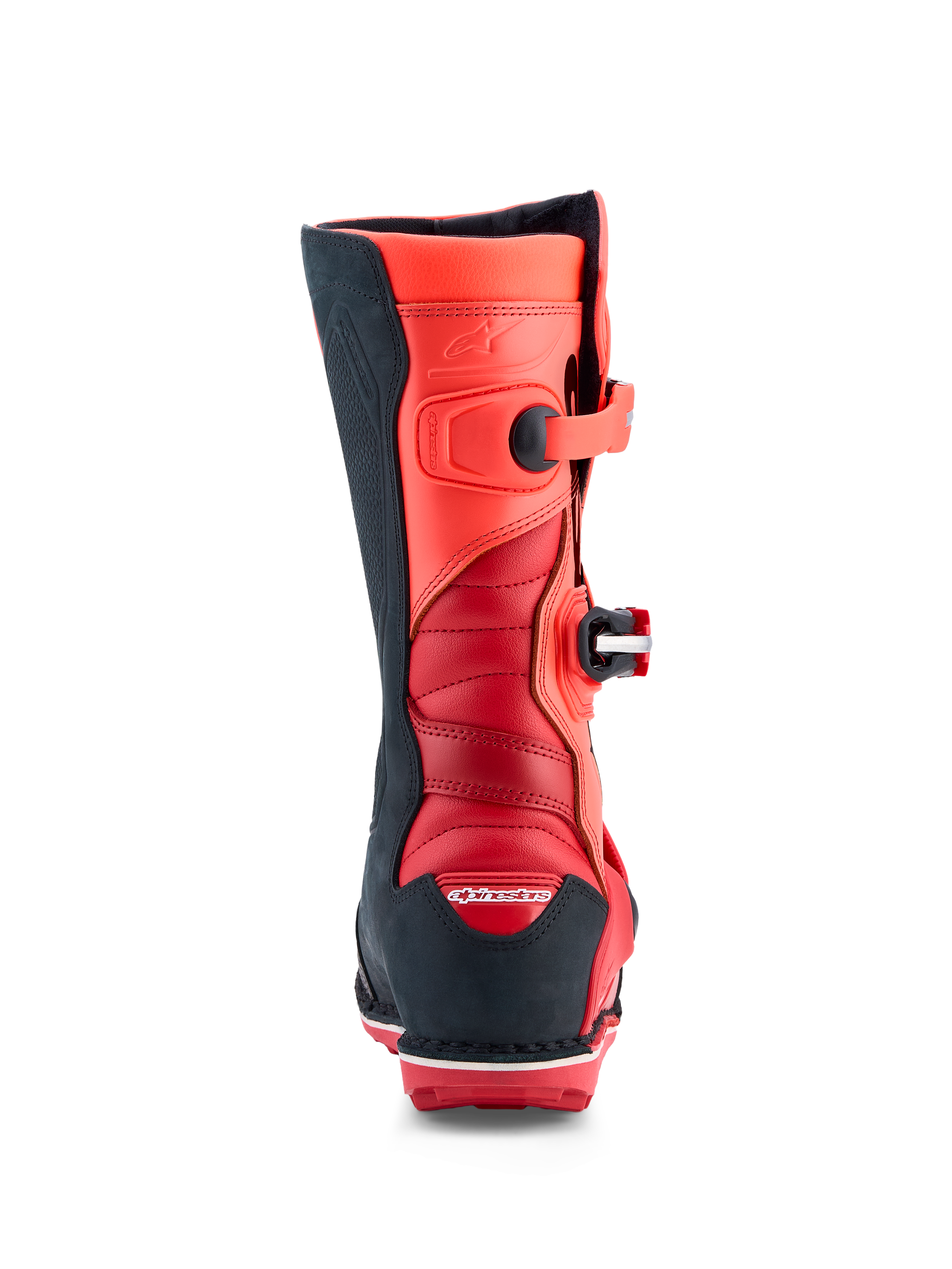 Alpinestars Tech-T stövlar, trialstövlar i röd fluo och svart läder, vy bakifrån med bakre dragspelszoner och CE-certifierat skydd för optimal flexibilitet och säkerhet.
