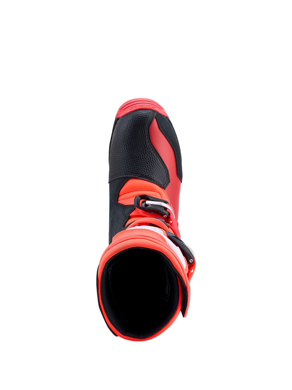 Alpinestars Tech-T stövlar, motorcykelstövlar för trial för män, röda och svarta, läder, vy uppifrån med ergonomisk design.