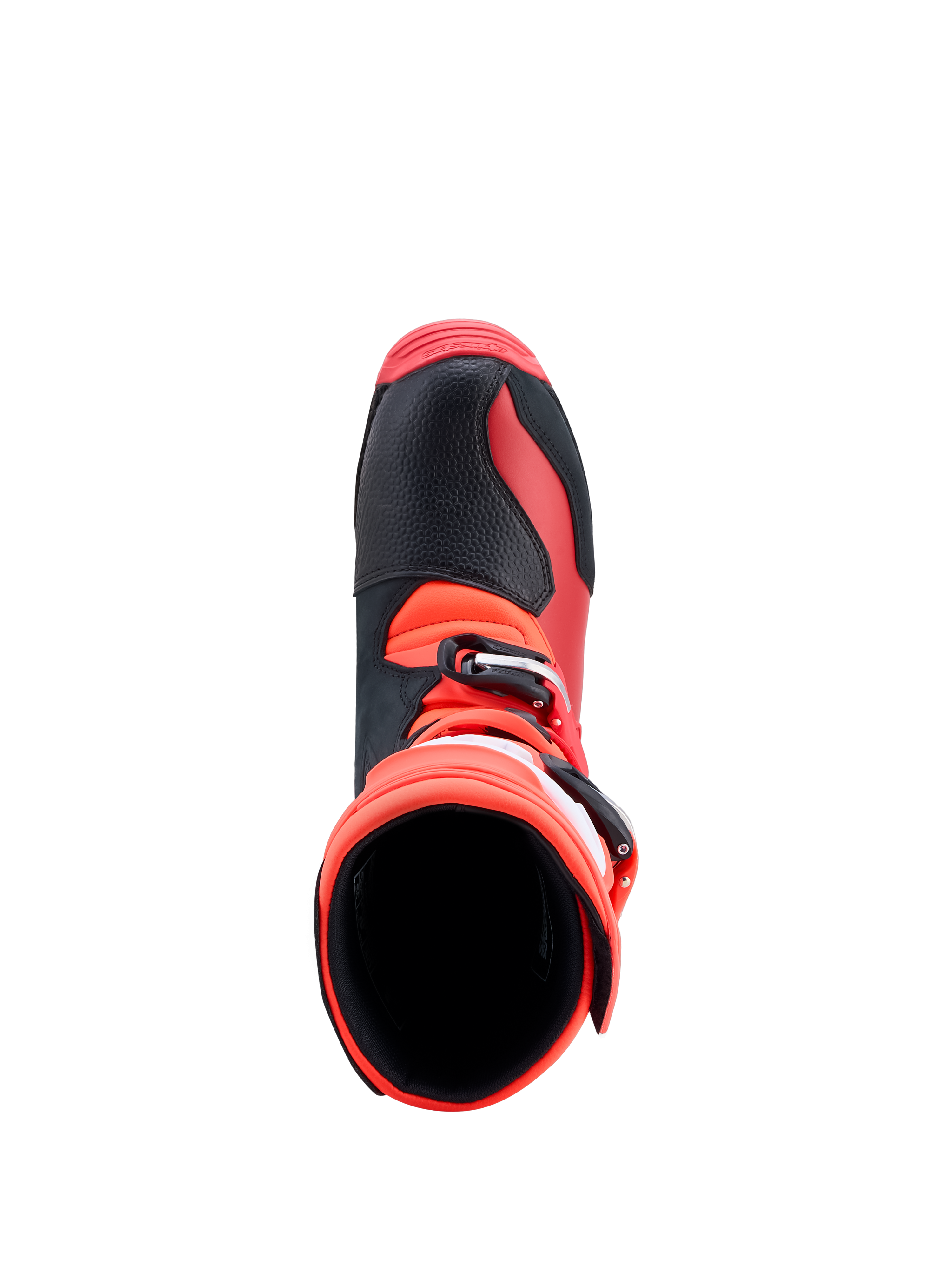 Alpinestars Tech-T stövlar, motorcykelstövlar för trial för män, röda och svarta, läder, vy uppifrån med ergonomisk design.