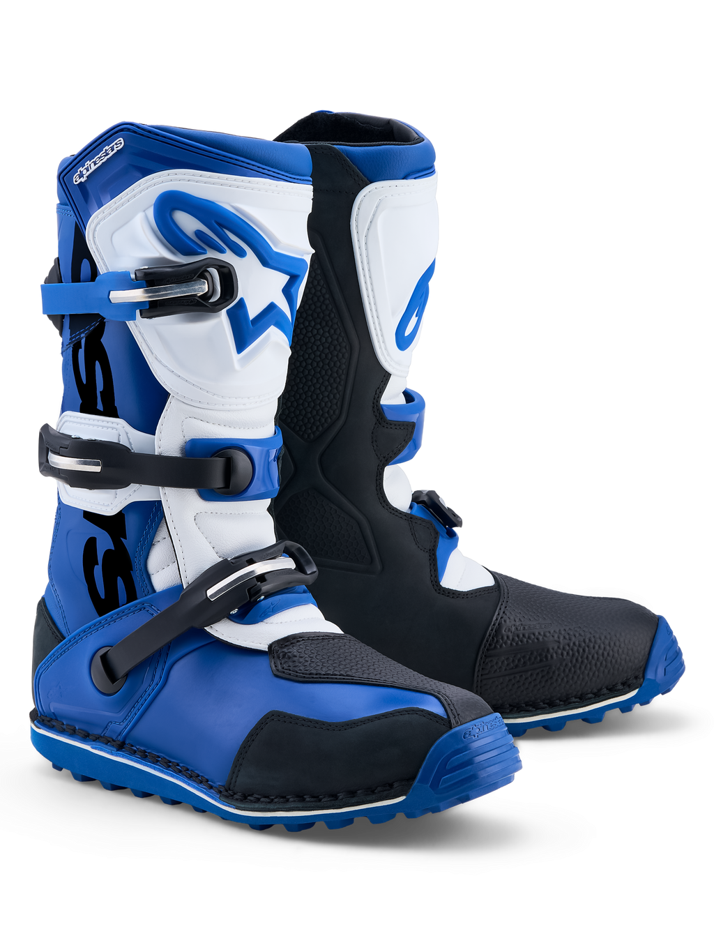 Alpinestars Tech-T stövlar, trialstövlar för motorcykel i mörkblått, svart och vitt, läder med TPU-skydd, CE-certifierade.