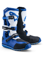 Alpinestars Tech-T stövlar, trialstövlar för motorcykel i mörkblått, svart och vitt, läder med TPU-skydd, CE-certifierade.