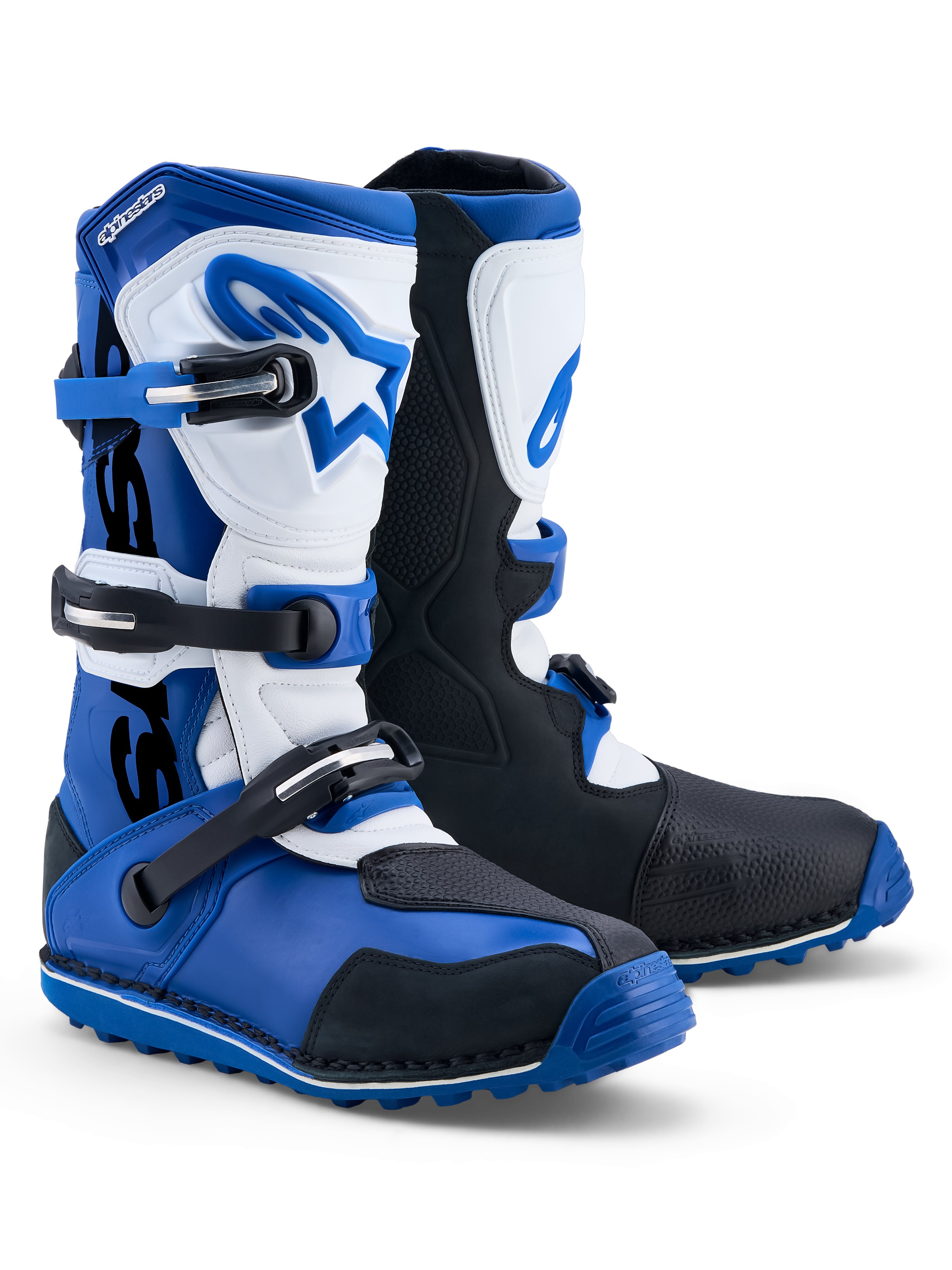 Alpinestars Tech-T stövlar, trialstövlar för motorcykel i mörkblått, svart och vitt, läder med TPU-skydd, CE-certifierade.