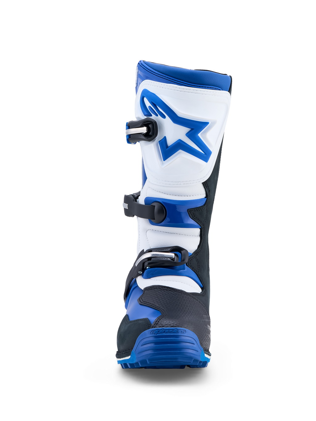 Alpinestars Tech-T stövlar, trialstövlar för herrar i blått, svart och vitt läder med tre spännen och ergonomisk skenbensplatta för terrängkörning.