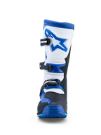 Alpinestars Tech-T stövlar, trialstövlar för herrar i blått, svart och vitt läder med tre spännen och ergonomisk skenbensplatta för terrängkörning.