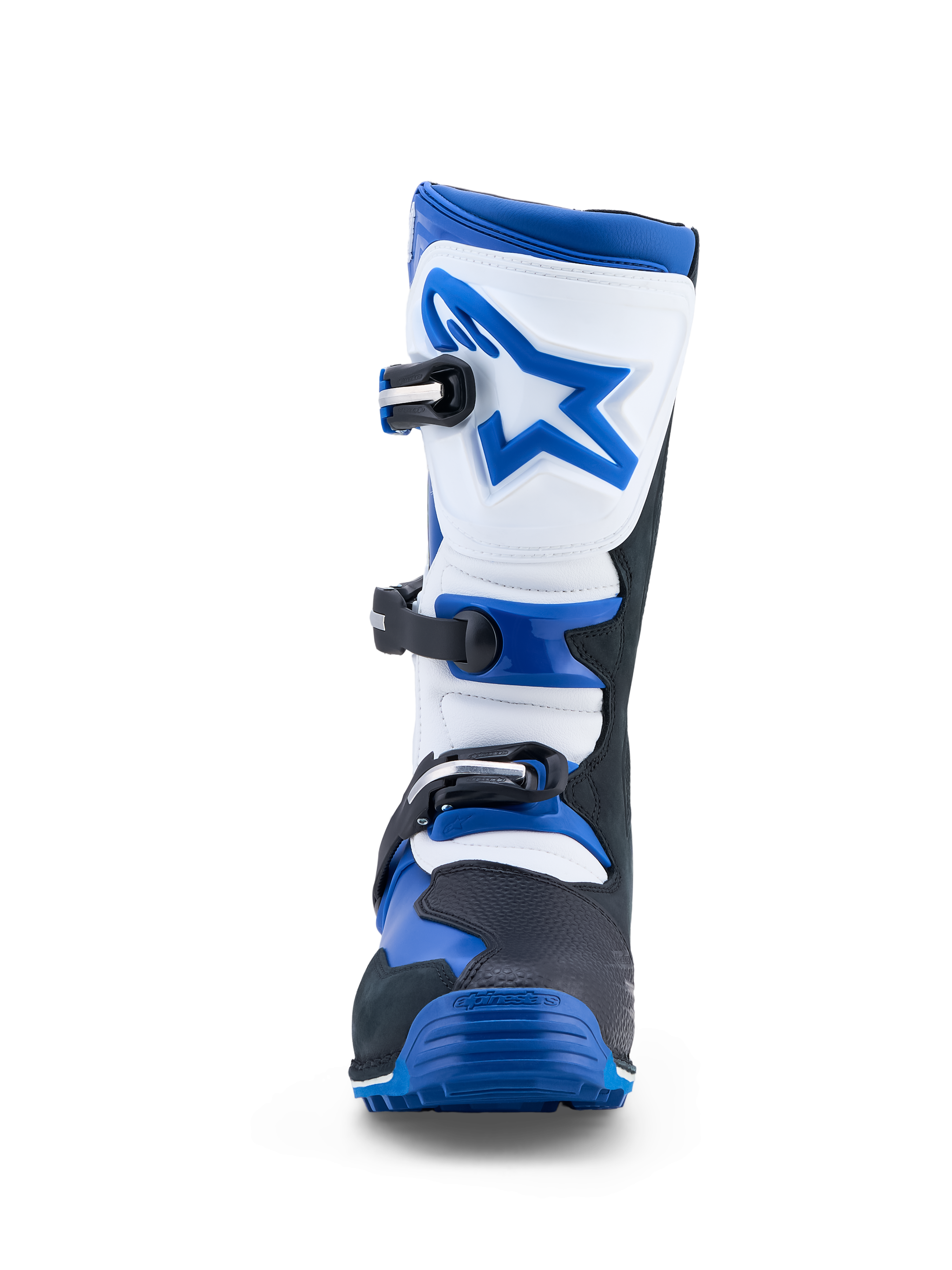 Alpinestars Tech-T stövlar, trialstövlar för herrar i blått, svart och vitt läder med tre spännen och ergonomisk skenbensplatta för terrängkörning.