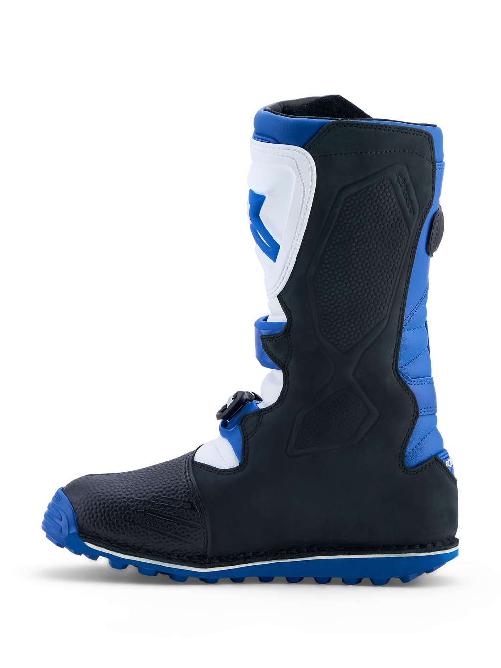 Alpinestars Tech-T stövlar, mörkblå, svarta och vita trialstövlar för herr med TPU-skenbensplatta och greppstark sula.