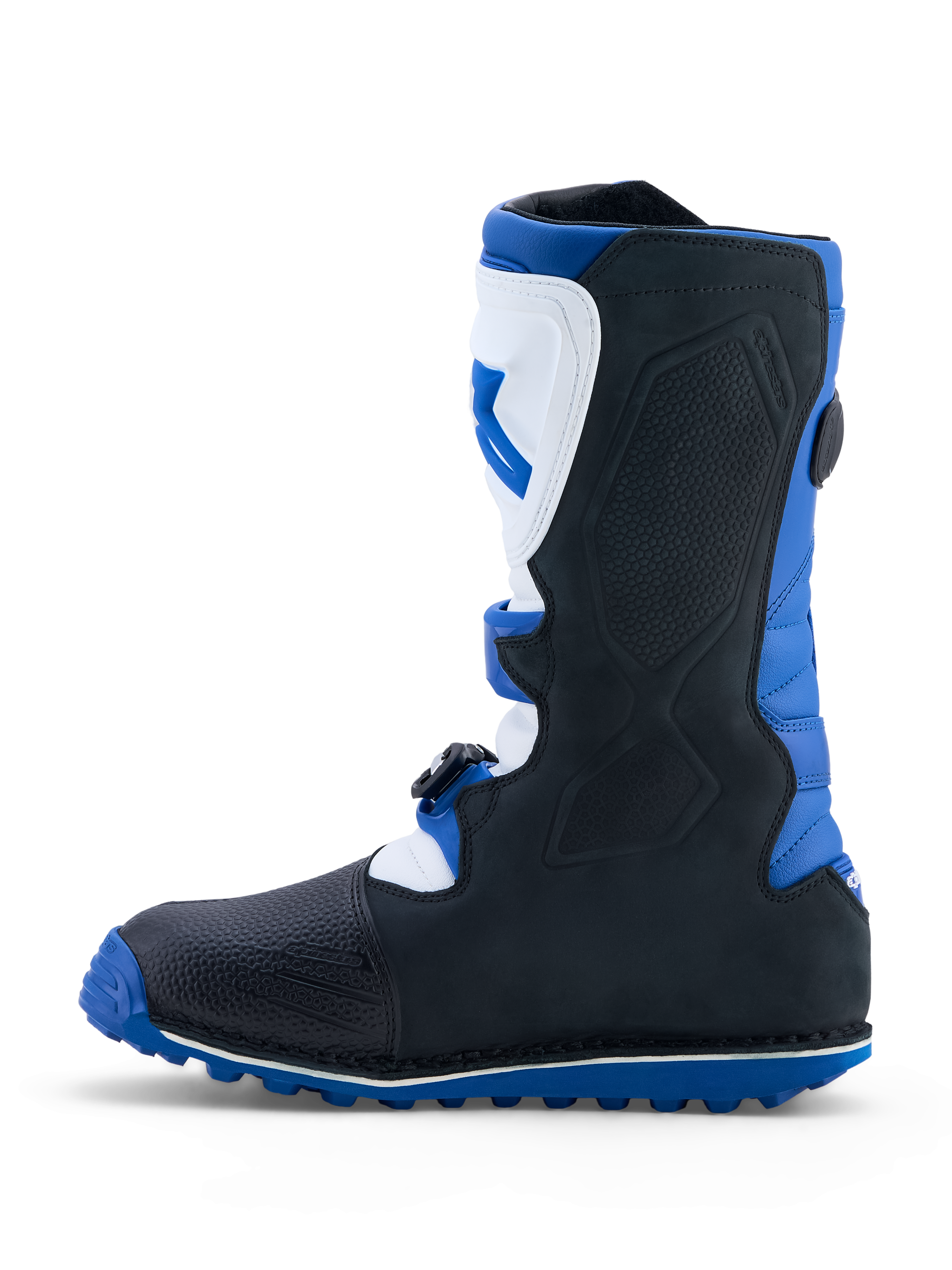Alpinestars Tech-T stövlar, mörkblå, svarta och vita trialstövlar för herr med TPU-skenbensplatta och greppstark sula.