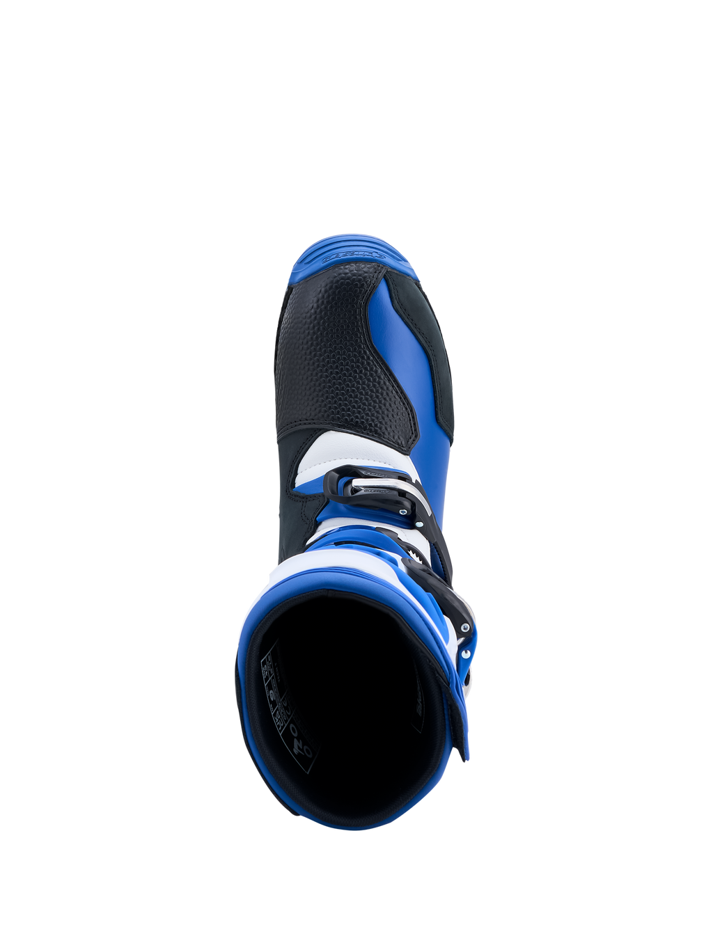 Alpinestars Tech-T trialstövlar, blå och svarta, vy uppifrån som visar öppningen och läderkonstruktion