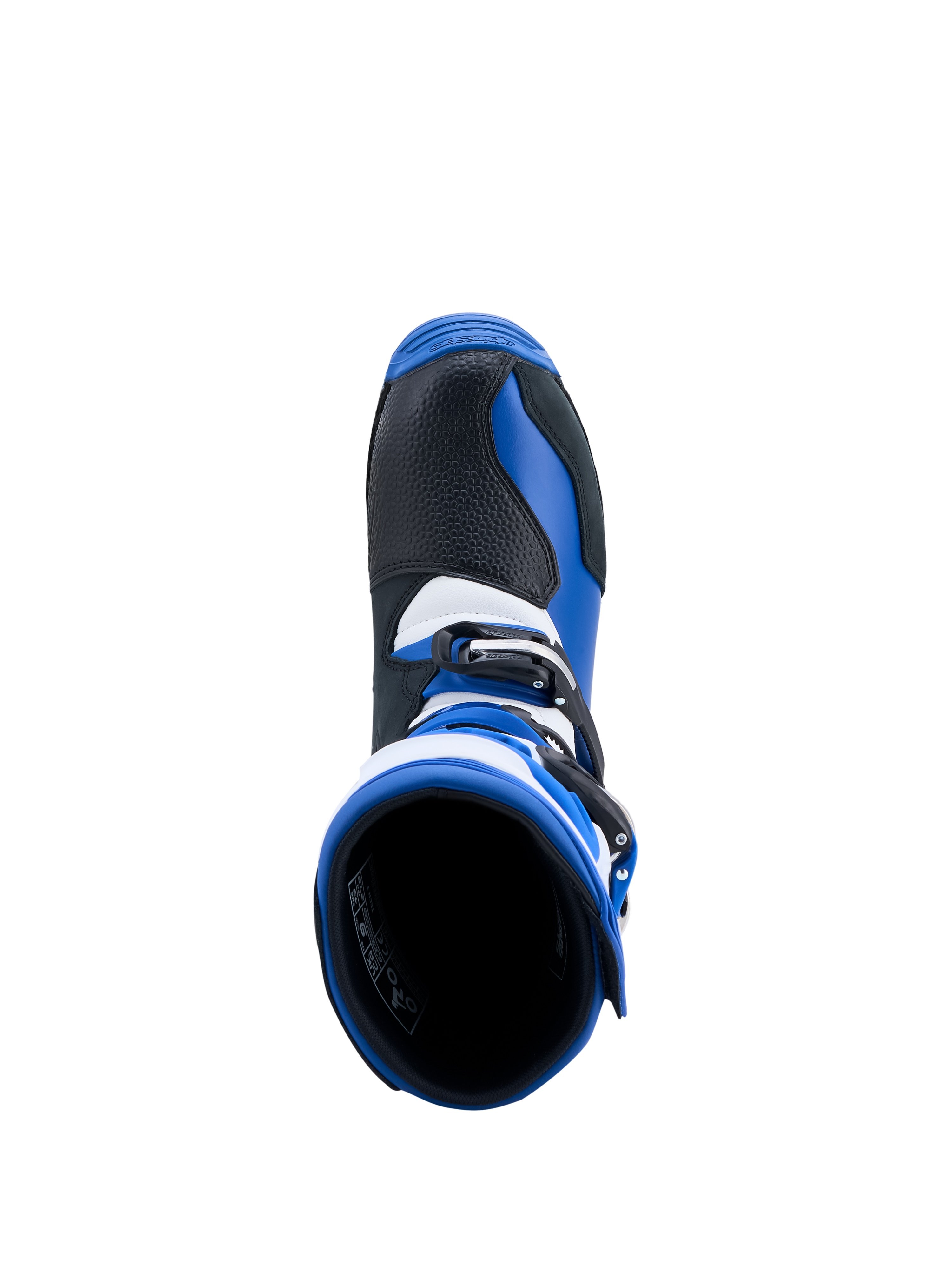 Alpinestars Tech-T trialstövlar, blå och svarta, vy uppifrån som visar öppningen och läderkonstruktion