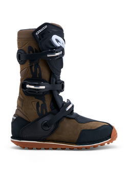 Alpinestars Tech-T stövlar, bruna och svarta trialstövlar i läder med tre spännen och gummisula.