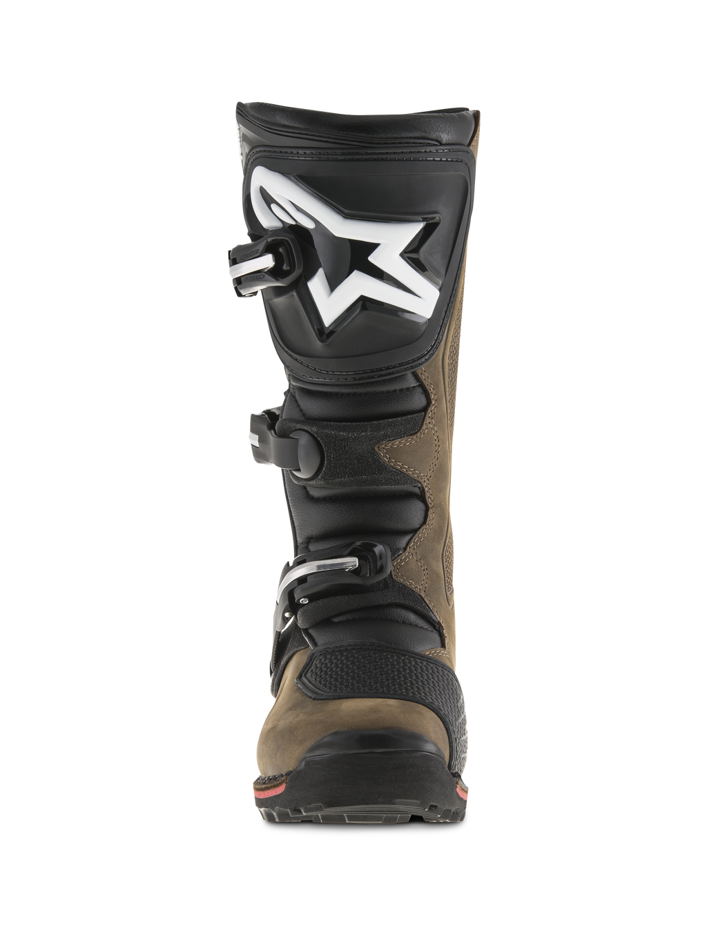 Alpinestars Tech-T stövlar, trialstövlar för motorcykel, brunoljade och svarta, vy framifrån som visar en ergonomisk skenbensplatta med stor vit logotyp, stängningssystem med tre spännen och specialiserad sula för teknisk terrängkörning