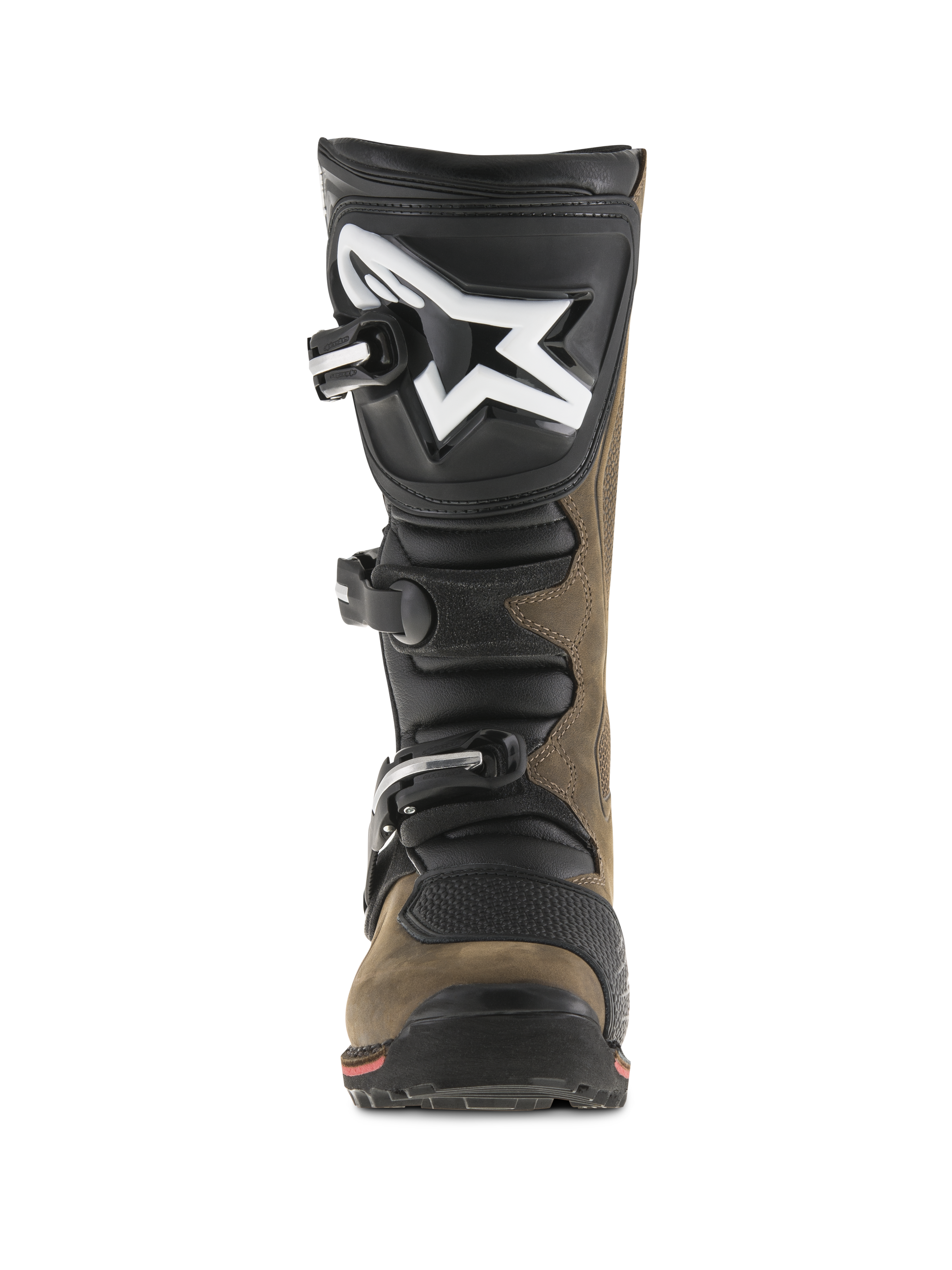 Alpinestars Tech-T stövlar, trialstövlar för motorcykel, brunoljade och svarta, vy framifrån som visar en ergonomisk skenbensplatta med stor vit logotyp, stängningssystem med tre spännen och specialiserad sula för teknisk terrängkörning