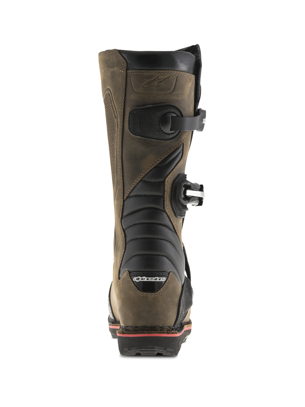 Alpinestars Tech-T stövlar, Brown Oiled, vy bakifrån med svarta dragspelsformade flexzoner, sidospännen och Alpinestars-logotyp på hälen, professionella trialstövlar med en robust läderfinish