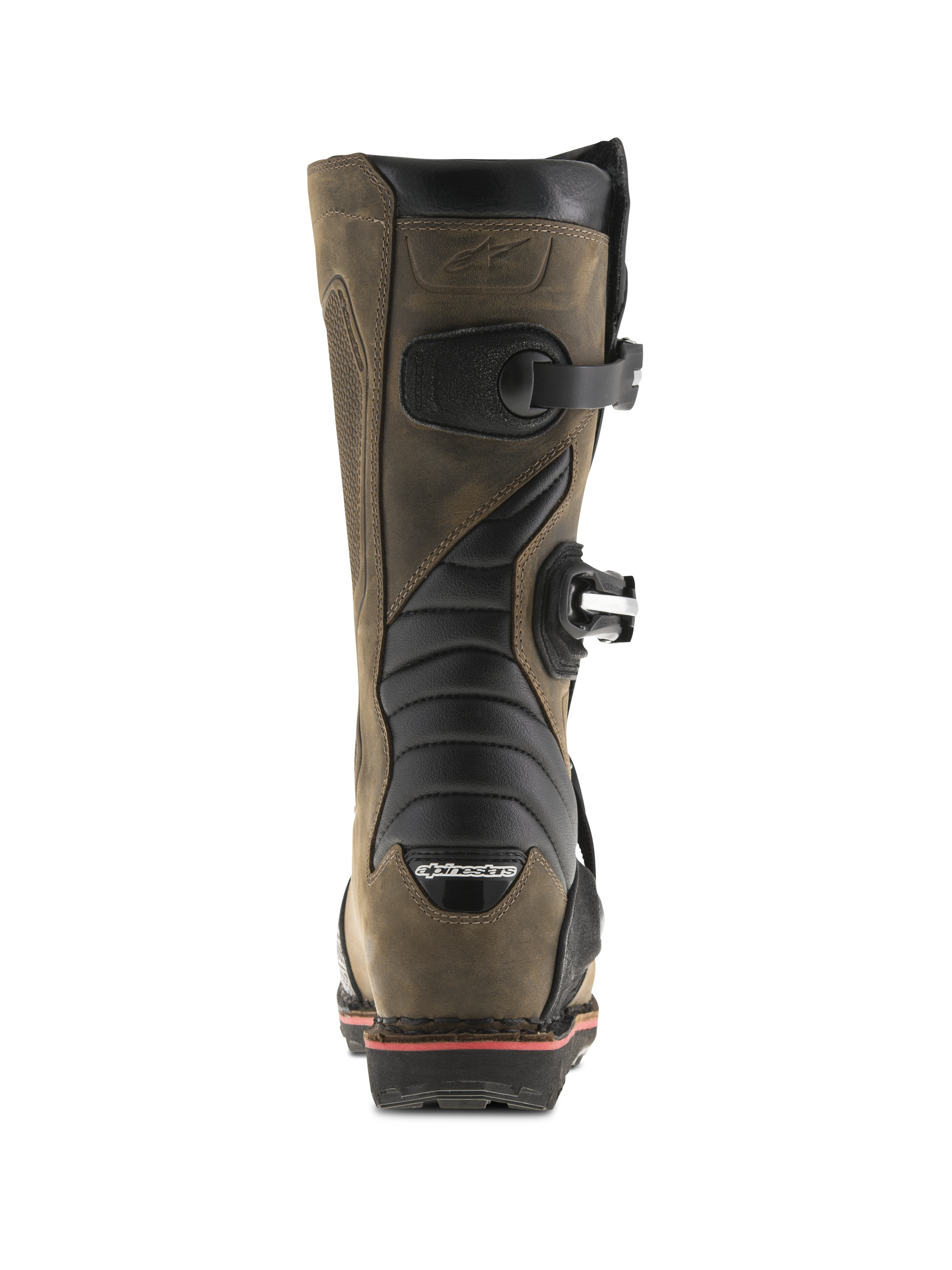 Alpinestars Tech-T stövlar, Brown Oiled, vy bakifrån med svarta dragspelsformade flexzoner, sidospännen och Alpinestars-logotyp på hälen, professionella trialstövlar med en robust läderfinish