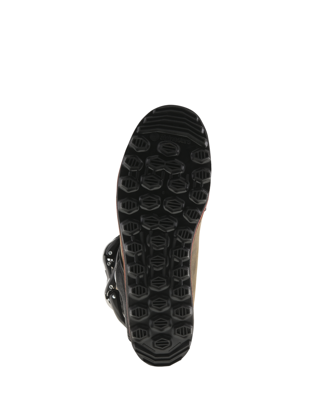 Alpinestars Tech-T-stövlar, trialstövlar, brunt oljat läder, undersida av svart egenutvecklad sula, texturerat hexagonalt mönster för grepp och känsla på fotpinnarna, hållbar gummikonstruktion