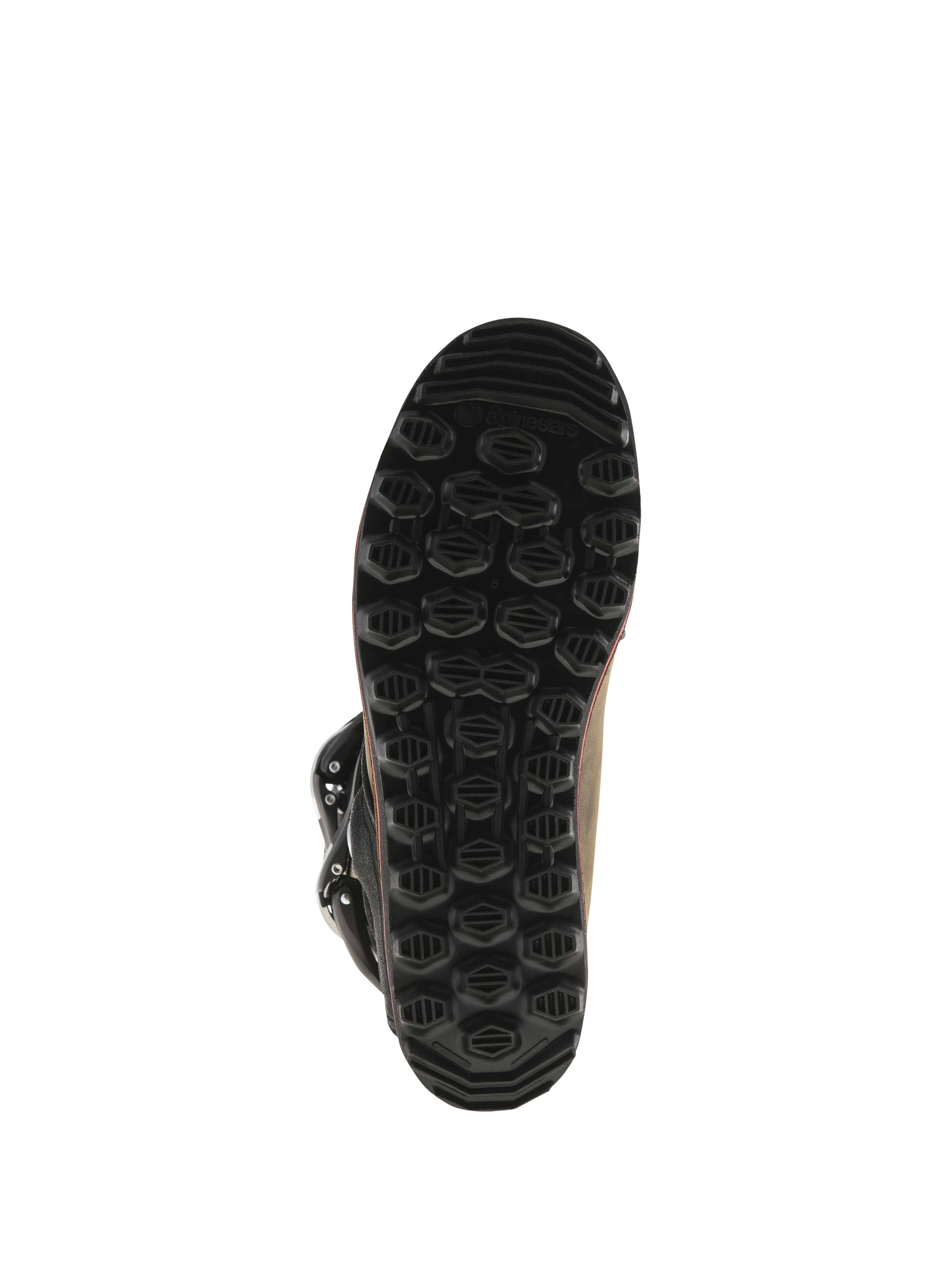 Alpinestars Tech-T-stövlar, trialstövlar, brunt oljat läder, undersida av svart egenutvecklad sula, texturerat hexagonalt mönster för grepp och känsla på fotpinnarna, hållbar gummikonstruktion