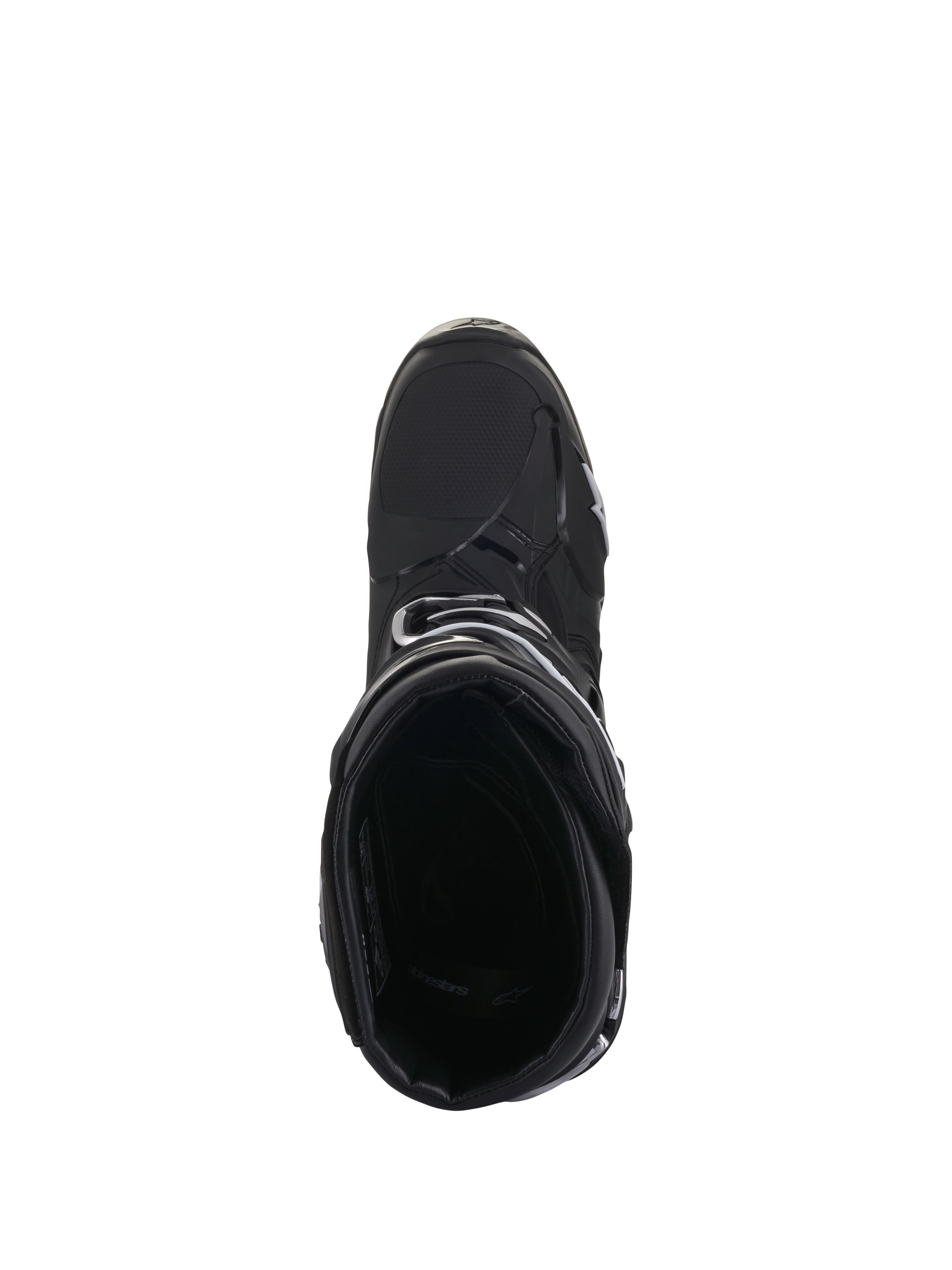 Alpinestars Tech 10 Boots, Motocross Boots, Black, top-down view showing interior padding and streamlined outer shell, high-performance design for off-road racing