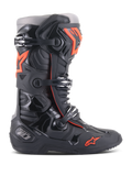 Alpinestars Tech 10 Boots, Motocross Off-Road Racing Boots, Black and Red Fluo, featuring a triple-buckle closure system, contoured TPU protective shell, red star logo on the toe, and high-performance construction for professional MX riding