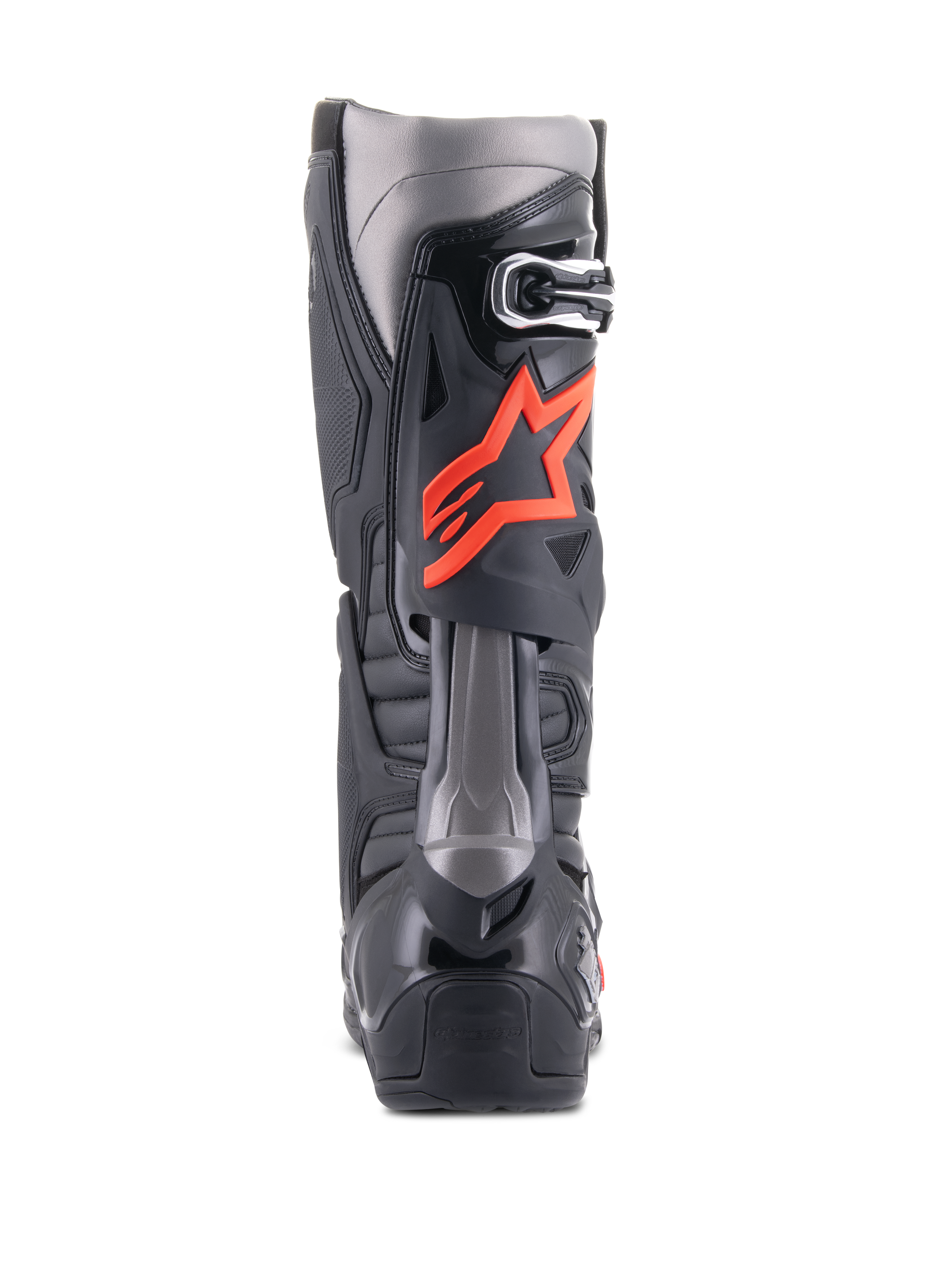 Alpinestars Tech 10 Boots, Motocross Boots, Black and Red Fluo, rear view featuring technical TPU shell, dark grey panels, and a prominent fluorescent red star logo on the calf.