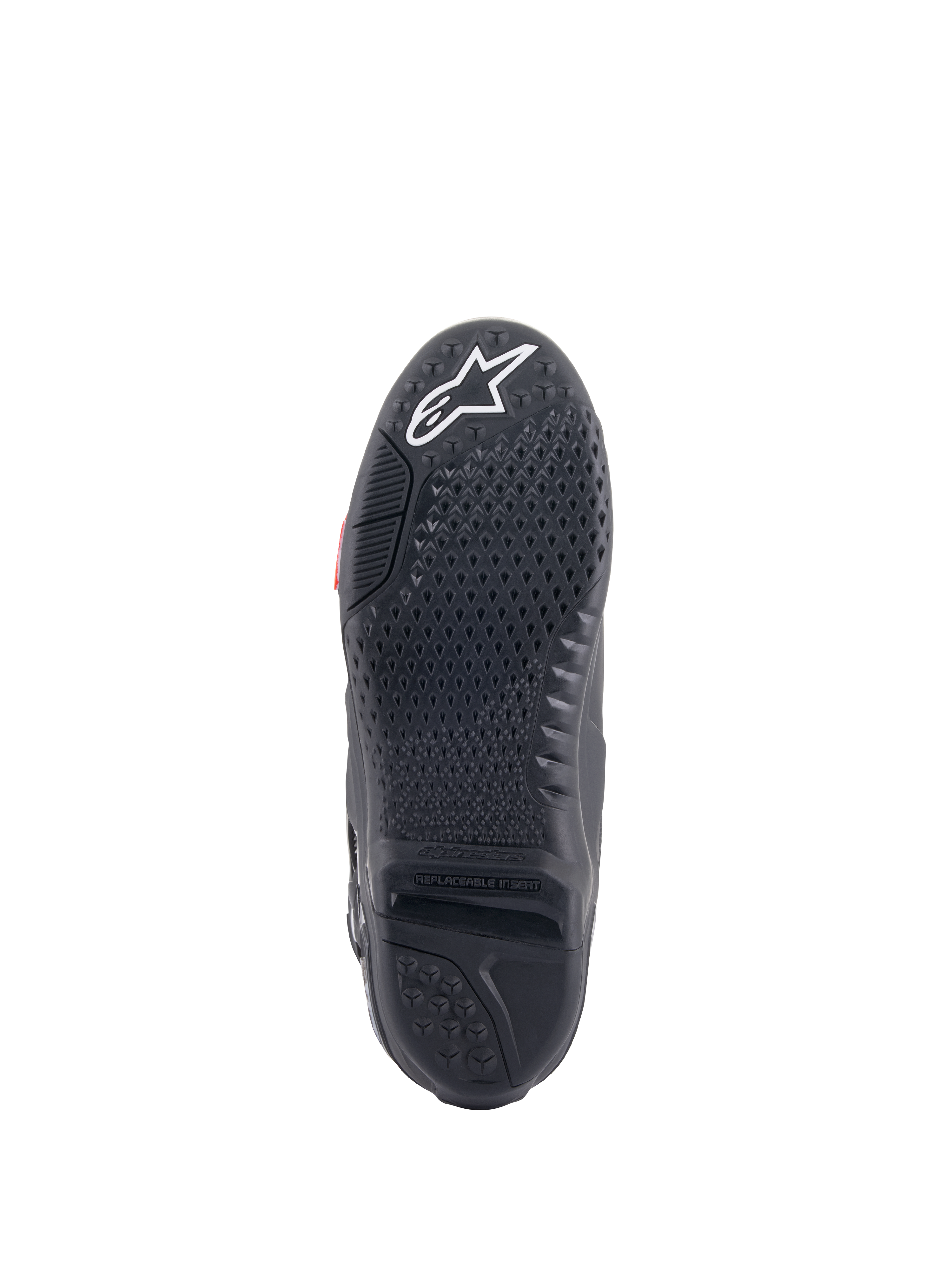 Alpinestars Tech 10 Boots, Motocross Boots, Black sole view, featuring proprietary grip sculpturing with textured tread, white star logo on the toe, and replaceable central sole insert for off-road performance