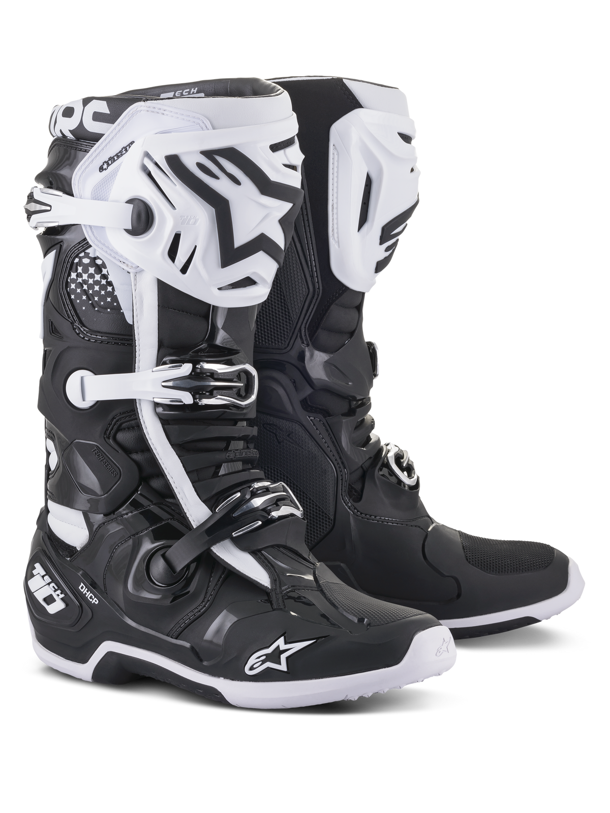 Alpinestars Tech 10 Motocross Boots, Black and White, high-performance protective design with white shin plates, black star logos, adjustable buckles, and DHCP heel protection, rugged textured soles for off-road racing