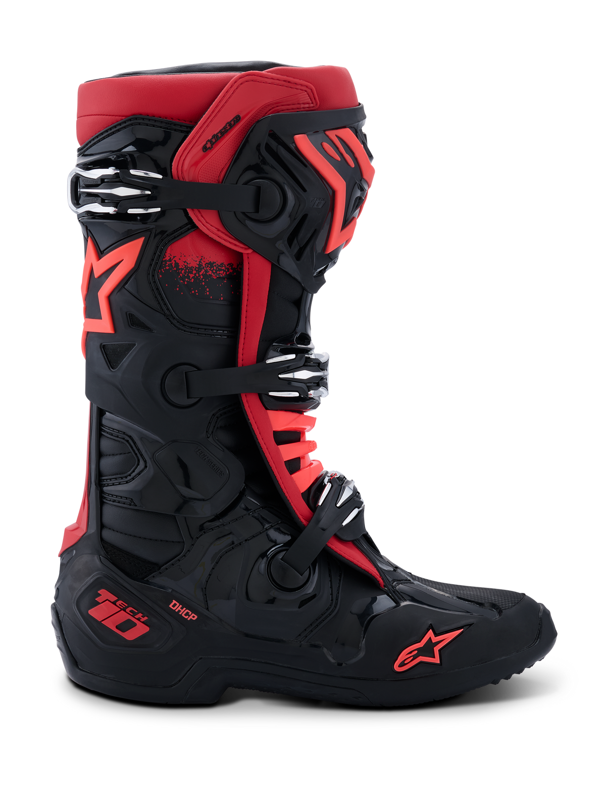Alpinestars Tech 10 Boots, Motocross Boots, Black and Red, side profile view, three silver aluminum buckles, red star logo on the side and ankle, DHCP technology branding on the heel, reinforced protective chassis for off-road racing.