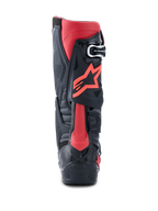Alpinestars Tech 10-stövlar, motocross-stövlar, svarta och röda, profilvy bakifrån med röd Astars-logotyp, Dynamic Heel Compression Protector och robust TPU-chassi för högpresterande terrängkörning