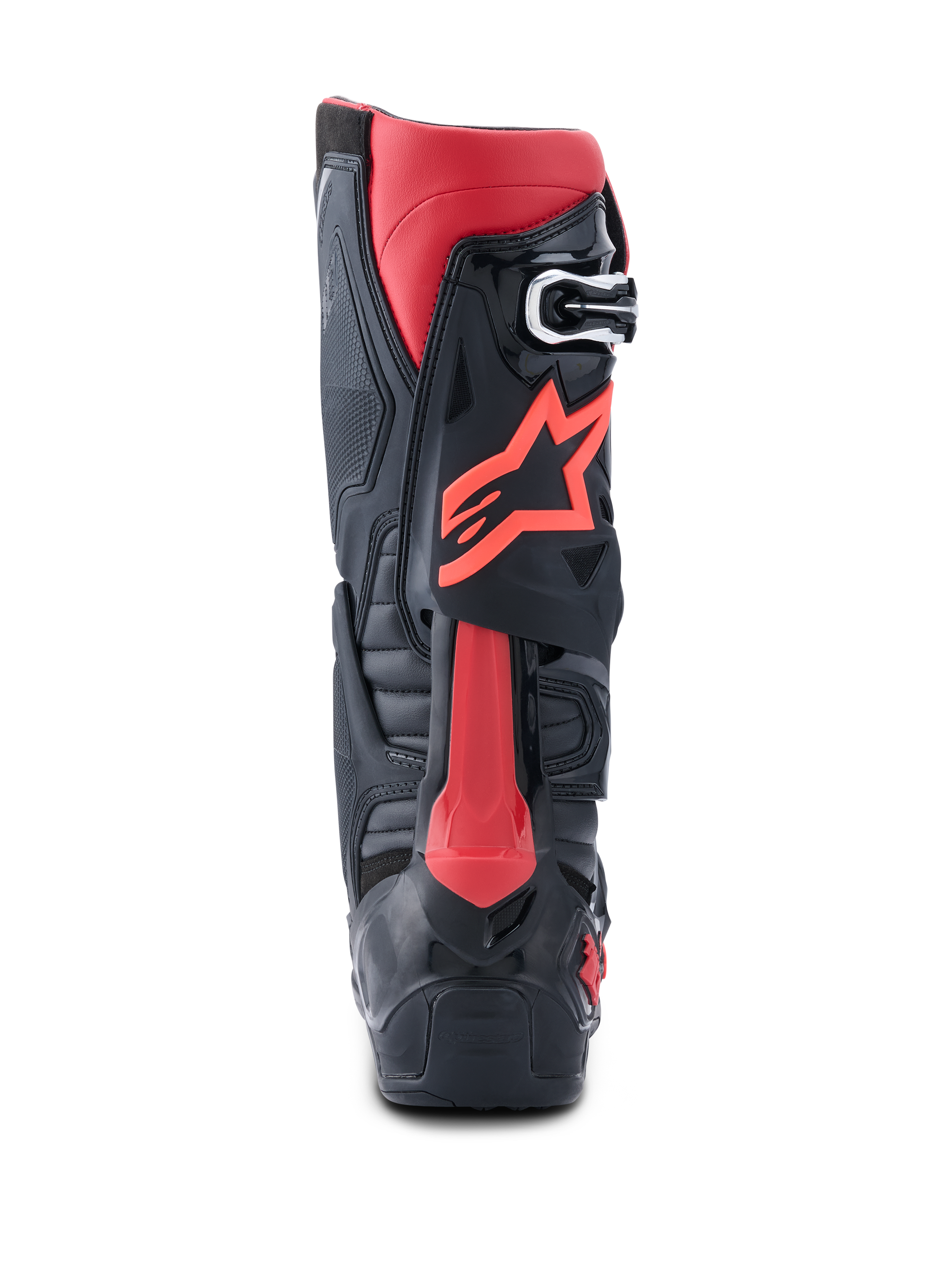 Alpinestars Tech 10-stövlar, motocross-stövlar, svarta och röda, profilvy bakifrån med röd Astars-logotyp, Dynamic Heel Compression Protector och robust TPU-chassi för högpresterande terrängkörning
