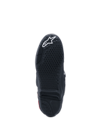 Alpinestars Tech 10-stövlar, vy av undersulan, svart med vit logotyp, mönstrat greppmönster, utbytbar mittinsats, högpresterande motocrossstövlar
