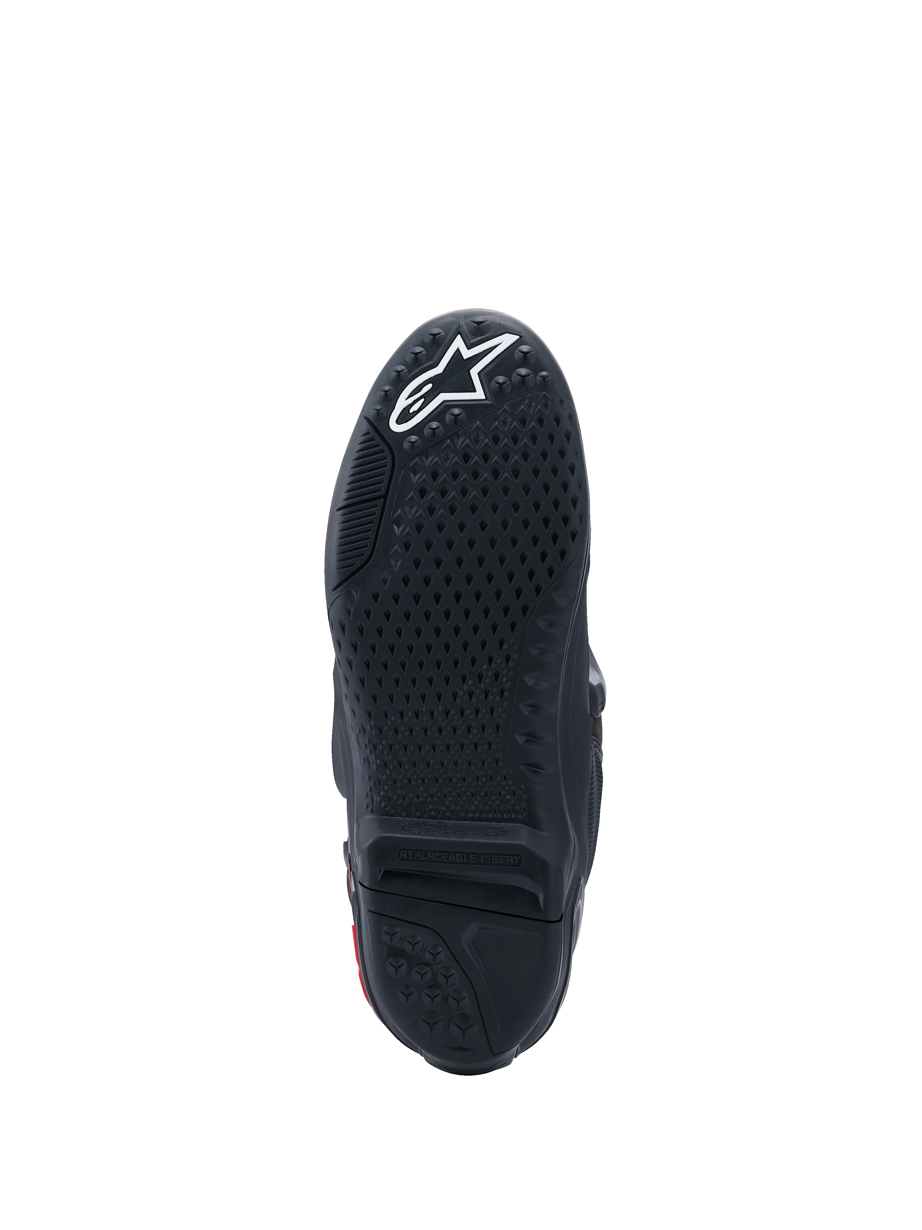 Alpinestars Tech 10-stövlar, vy av undersulan, svart med vit logotyp, mönstrat greppmönster, utbytbar mittinsats, högpresterande motocrossstövlar