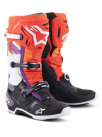 Alpinestars Tech 10 Boots, Motocross Boots, Black and Fluo Orange with Red and Purple accents, featuring a triple buckle closure system, white Alpinestars logos on the shin and toe, and a durable TPU shell for off-road racing performance